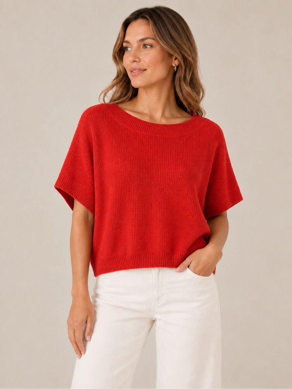 PLANET by Lauren G Boxy Short Sleeve Sweater One Size Coral Red 100% Cotton